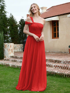 Sleeveless One Shoulder Tulle Pleated Dress Red