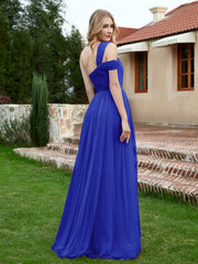 Sleeveless One Shoulder Tulle Pleated Dress Royal Blue