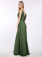 Spaghetti Strap CHIffon Long Dresses Olive Green