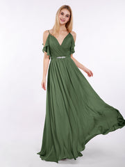 Spaghetti Strap CHIffon Long Dresses Olive Green
