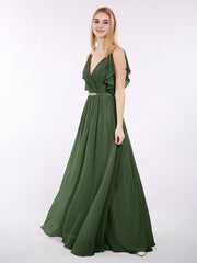 Spaghetti Strap CHIffon Long Dresses Olive Green