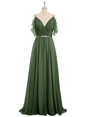 Spaghetti Strap CHIffon Long Dresses Olive Green