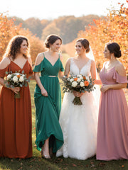 Spaghetti Straps Chiffon Long Dresses Rust