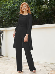 Chiffon Lace Top Pant Suit with Jacket Black
