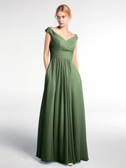 V-neck Off shoulder Maxi Dress with Pockets Olive Green