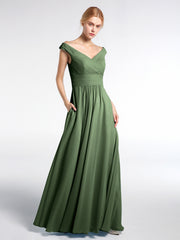 V-neck Off shoulder Maxi Dress with Pockets Olive Green