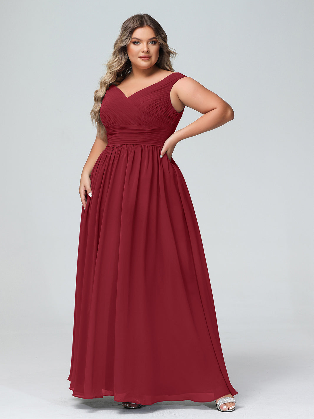 BABARONI Chiffon Burgundy Bridesmaid Dresses A-line V-neck Sleeveless Floor- length – BABARONI UK