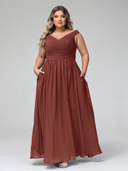 V-neck Off shoulder Maxi Dress with Pockets Terracotta Plus Size