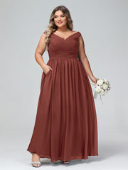 V-neck Off shoulder Maxi Dress with Pockets Terracotta Plus Size