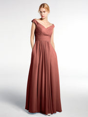 V-neck Off shoulder Maxi Dress with Pockets Terracotta