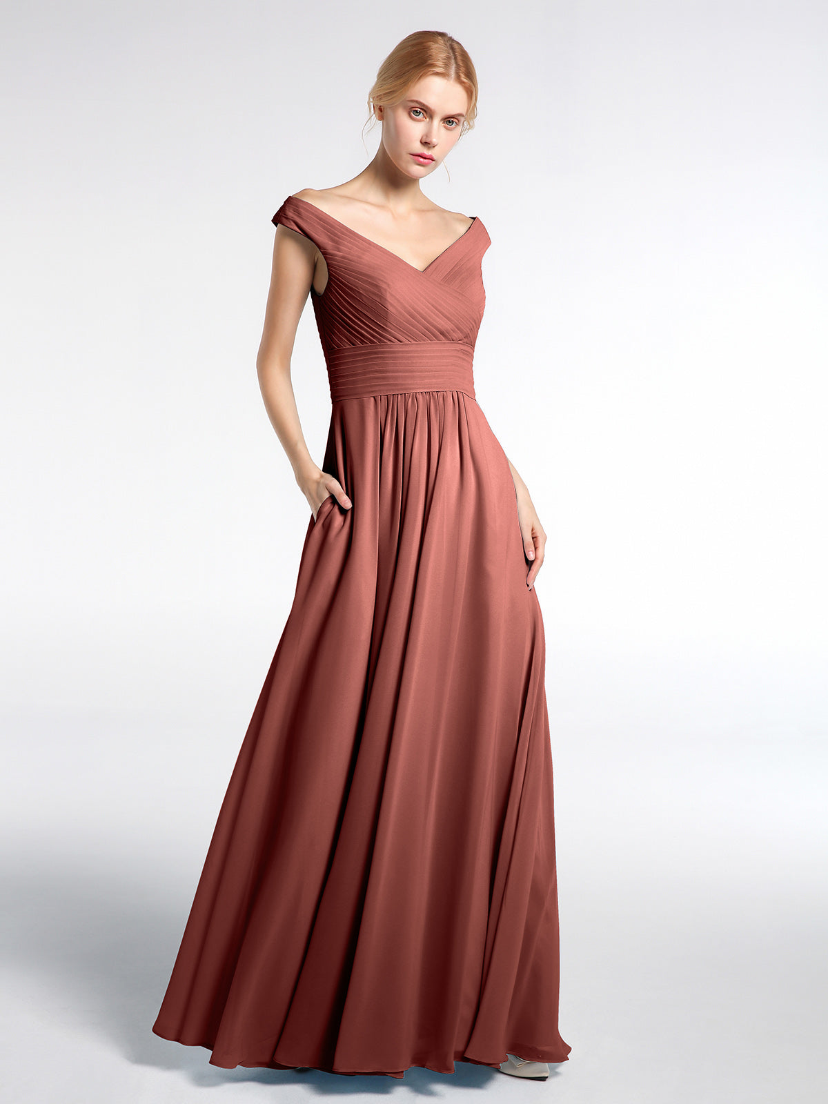 Off shoulder maxi dress with clearance pockets