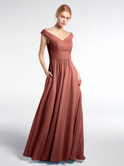 V-neck Off shoulder Maxi Dress with Pockets Terracotta