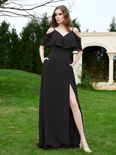 A-Line Off the Shoulder Chiffon Floor-Length Dress Black