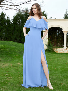 A-Line Off the Shoulder Chiffon Floor-Length Dress Blue
