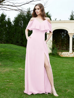A-Line Off the Shoulder Chiffon Floor-Length Dress Blushing Pink