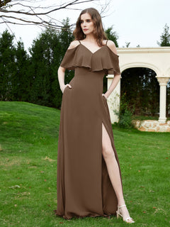 A-Line Off the Shoulder Chiffon Floor-Length Dress Brown