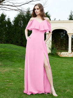A-Line Off the Shoulder Chiffon Floor-Length Dress Candy Pink