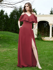 A-Line Off the Shoulder Chiffon Floor-Length Dress Cinnamon Rose