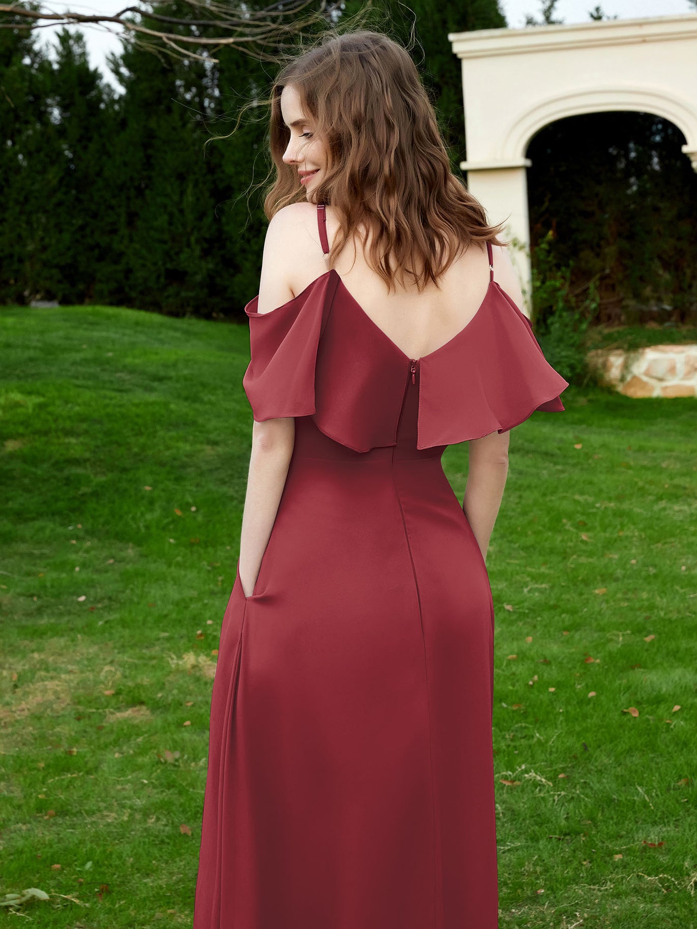 cinnamon rose bridesmaid dresses uk BABARONI Chiffon Cinnamon Rose Bridesmaid Dresses A-line V-neck  Floor-length Flutter Sleeves Pocket With Slit Ruffle – BABARONI UK