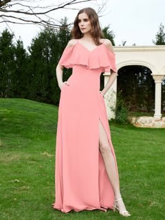 A-Line Off the Shoulder Chiffon Floor-Length Dress Flamingo