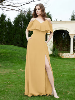 A-Line Off the Shoulder Chiffon Floor-Length Dress Gold