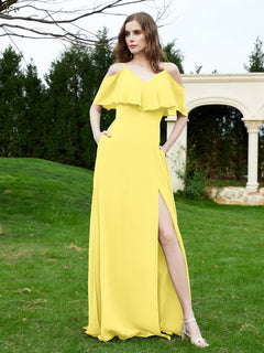 A-Line Off the Shoulder Chiffon Floor-Length Dress Lemon