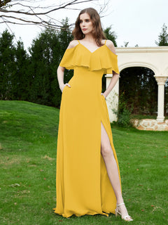 A-Line Off the Shoulder Chiffon Floor-Length Dress Marigold