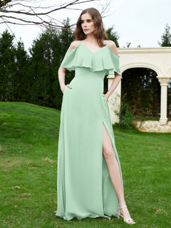 A-Line Off the Shoulder Chiffon Floor-Length Dress Mint Green
