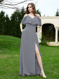A-Line Off the Shoulder Chiffon Floor-Length Dress Steel Grey