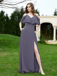 A-Line Off the Shoulder Chiffon Floor-Length Dress Stormy