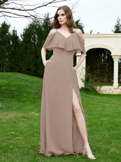 A-Line Off the Shoulder Chiffon Floor-Length Dress Taupe