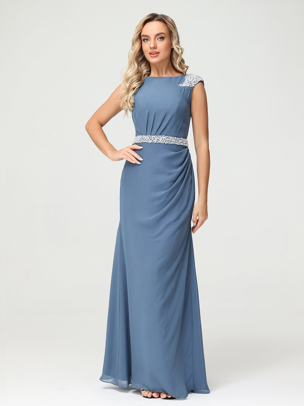 BABARONI Chiffon Slate Blue Bridesmaid Dresses A-line V-neck Bow  Floor-length – BABARONI UK