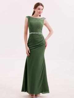 Chiffon with Beaded Waistband Long Dress Olive Green