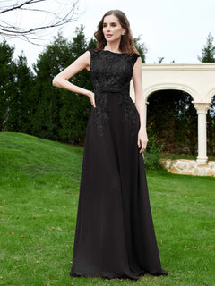 A-Line Chiffon Dress with Flower Appliqued Black