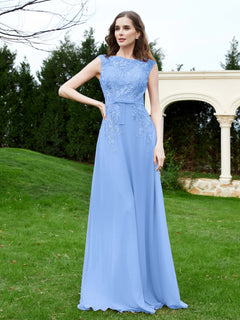 A-Line Chiffon Dress with Flower Appliqued Blue Plus Size