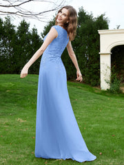 A-Line Chiffon Dress with Flower Appliqued Blue