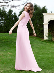 A-Line Chiffon Dress with Flower Appliqued Blushing Pink
