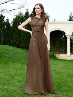 A-Line Chiffon Dress with Flower Appliqued Brown