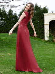 A-Line Chiffon Dress with Flower Appliqued Burgundy Plus Size