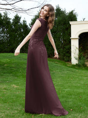 A-Line Chiffon Dress with Flower Appliqued Cabernet