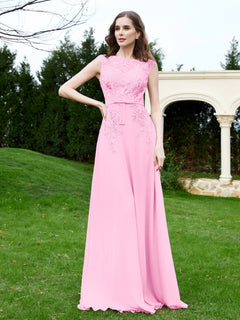A-Line Chiffon Dress with Flower Appliqued Candy Pink