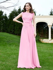 A-Line Chiffon Dress with Flower Appliqued Candy Pink Plus Size
