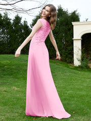 A-Line Chiffon Dress with Flower Appliqued Candy Pink