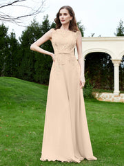 A-Line Chiffon Dress with Flower Appliqued Champagne Plus Size