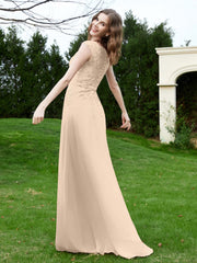 A-Line Chiffon Dress with Flower Appliqued Champagne Plus Size