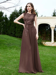 A-Line Chiffon Dress with Flower Appliqued Chocolate
