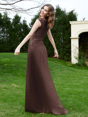 A-Line Chiffon Dress with Flower Appliqued Chocolate Plus Size