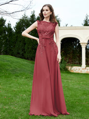 A-Line Chiffon Dress with Flower Appliqued Cinnamon Rose