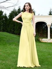A-Line Chiffon Dress with Flower Appliqued Daffodil