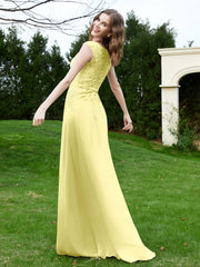 A-Line Chiffon Dress with Flower Appliqued Daffodil